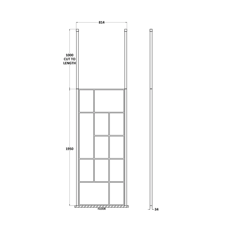 Hudson Reed Wetroom Screens 800mm Abstract Frame Wetroom Screen With Ceiling Posts Contemp Matt Black Aluminium 1950x850x60mm