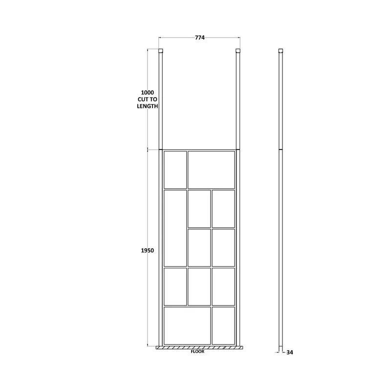 Hudson Reed Wetroom Screens 760mm Abstract Frame Wetroom Screen With Ceiling Posts Contemp Matt Black Aluminium 1950x810x60mm