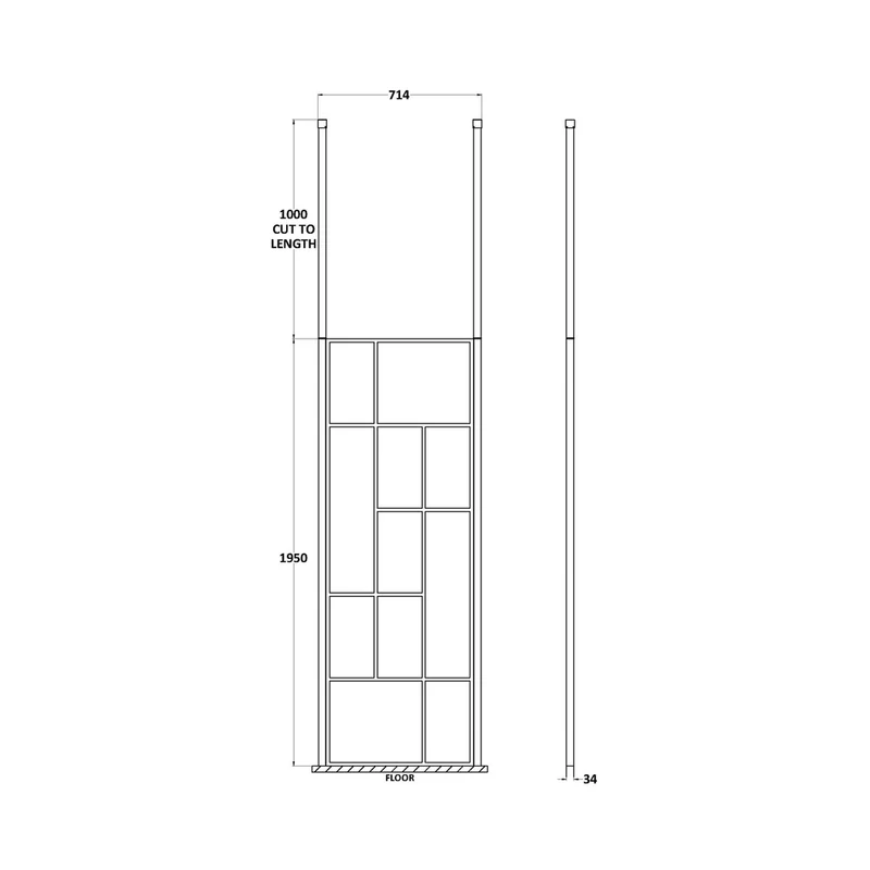 Hudson Reed Wetroom Screens 700mm Abstract Frame Wetroom Screen With Ceiling Posts Contemp Matt Black Aluminium 1950x750x60mm