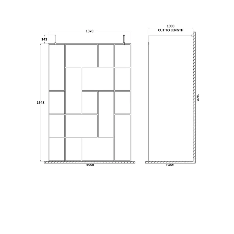 Hudson Reed Wetroom Screens 1400mm Abstract Frame Wetroom Screen With Support Bars Contemp Matt Black Aluminium 1950x1450x60mm