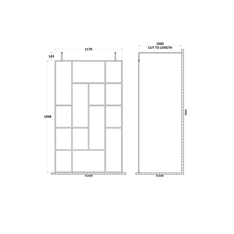 Hudson Reed Wetroom Screens 1200mm Abstract Frame Wetroom Screen With Support Bars Contemp Matt Black Aluminium 1950x1250x60mm
