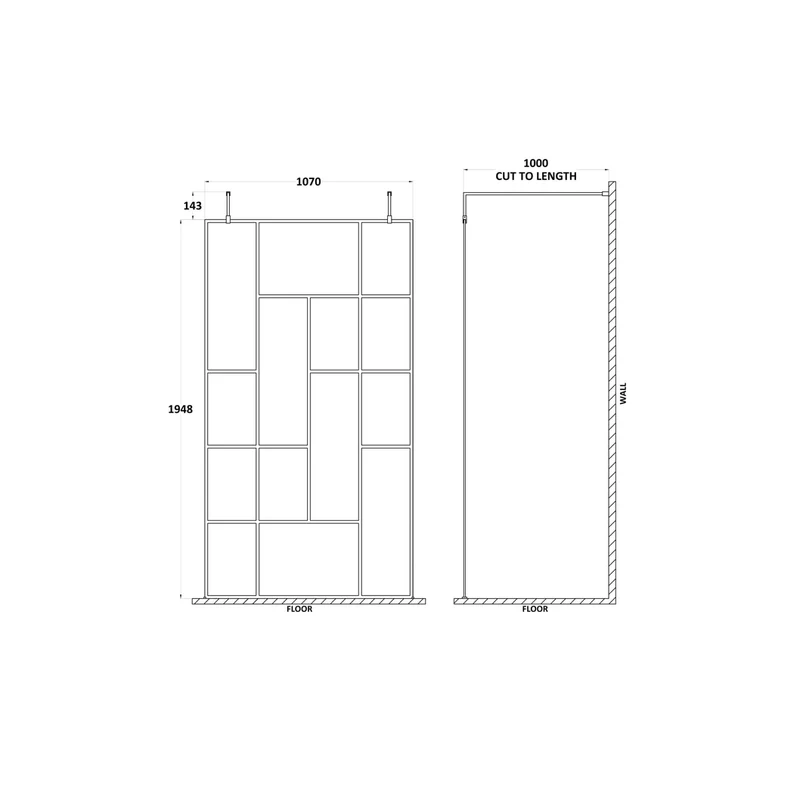 Hudson Reed Wetroom Screens 1100mm Abstract Frame Wetroom Screen With Support Bars Contemp Matt Black Aluminium 1950x1050x60mm