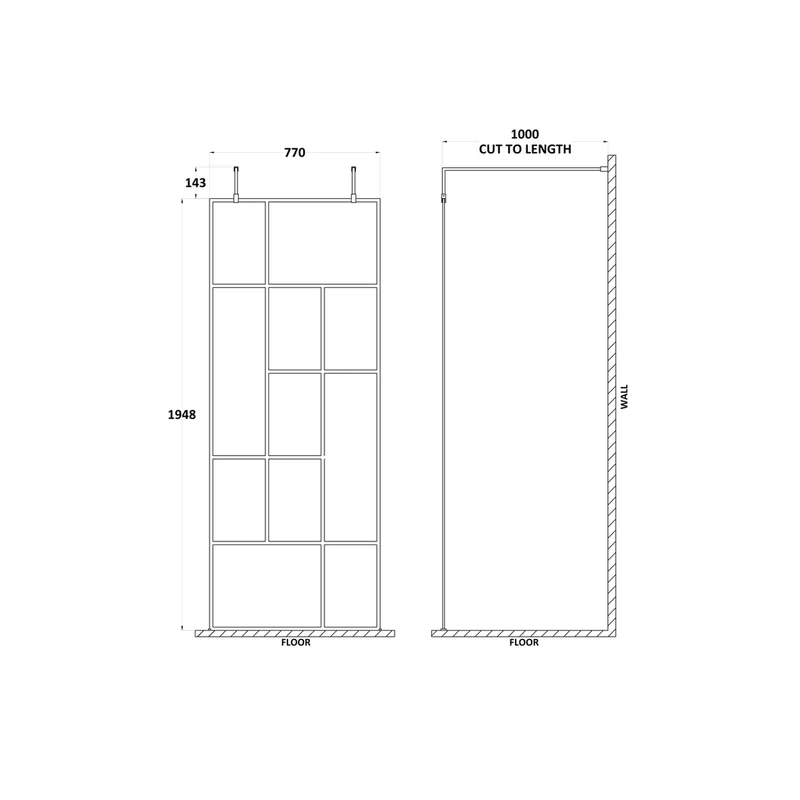 Hudson Reed Wetroom Screens 800mm Abstract Frame Wetroom Screen With Support Bars Contemp Matt Black Aluminium 1950x850x60mm