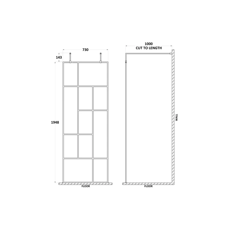 Hudson Reed Wetroom Screens 760mm Abstract Frame Wetroom Screen With Support Bars Contemp Matt Black Aluminium 1950x810x60mm