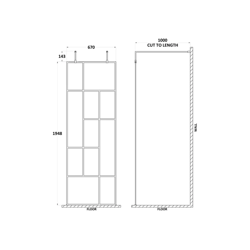 Hudson Reed Wetroom Screens 700mm Abstract Frame Wetroom Screen With Support Bars Contemp Matt Black Aluminium 1950x750x60mm