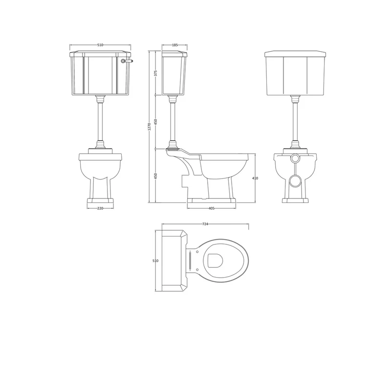 Hudson Reed Richmond Mid Level Pan, Cistern And Flush Pipe Kit Trad Gloss White Vitreous China 1270x510x724mm