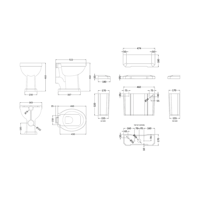 Hudson Reed Richmond Comfort Height Low Level Wc & Flush Pipe Trad Gloss White Vitreous China 1041x470x660mm