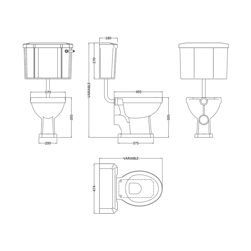 Hudson Reed Richmond Low Level Pan, Cistern & Flush Pipe Kit Trad Gloss White Vitreous China 985x474x660mm