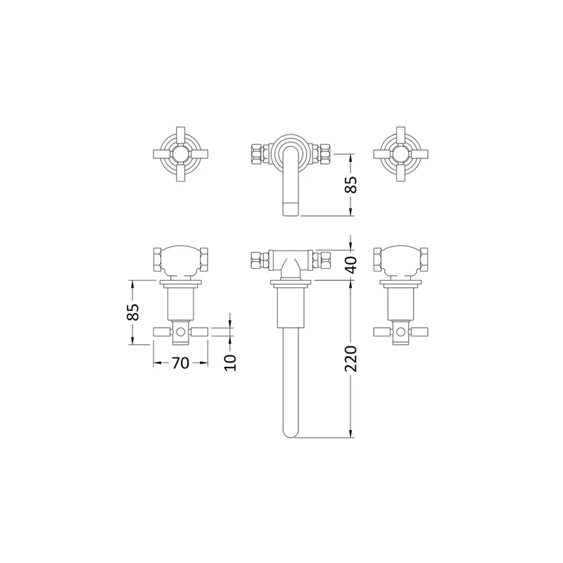 Hudson Reed Tec Crosshead Wall Mounted Basin Mixer Contemp Brushed Brass Brass 113x255x220mm