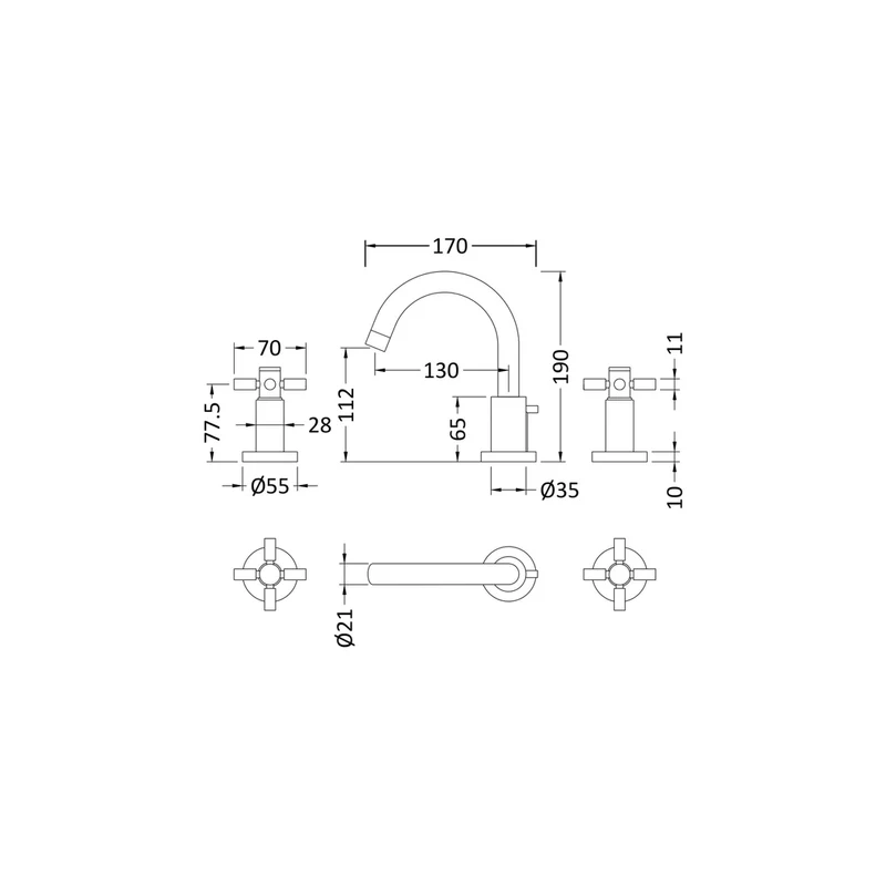 Hudson Reed Tec Crosshead 3 Tap Hole Basin Mixer Contemp Chrome Brass 190x130x175mm