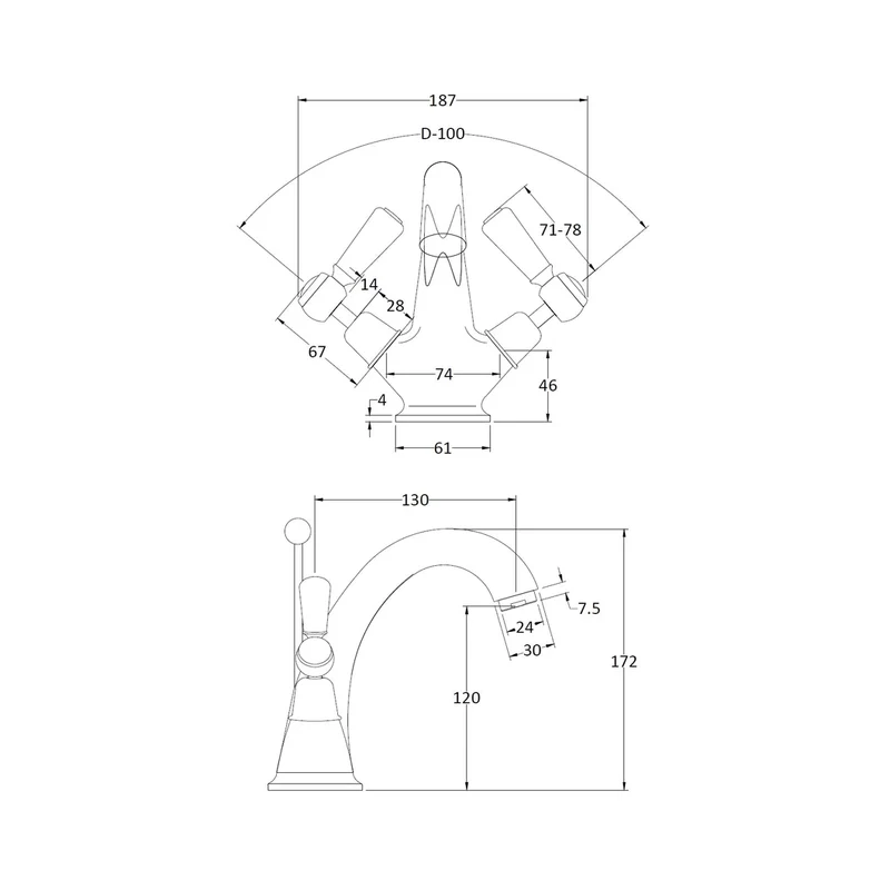 Hudson Reed Topaz Mono Basin Mixer Trad Chrome Brass 176x214x158mm - BC405DL