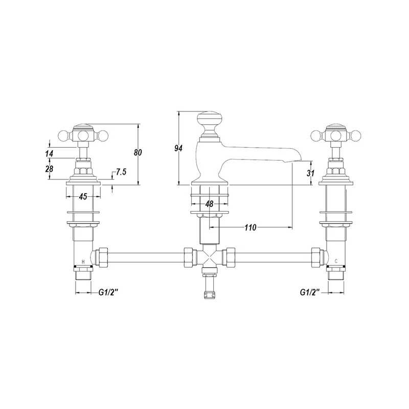 Hudson Reed Topaz 3 Tap Hole Basin Mixer Trad Chrome Brass 94x246x140mm - BC307HX