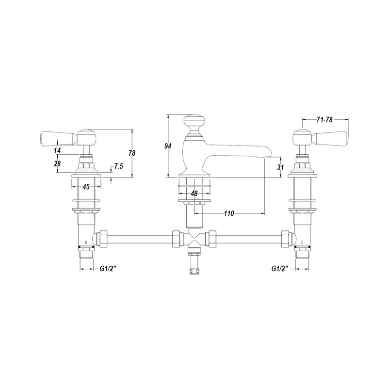 Hudson Reed Topaz 3 Tap Hole Basin Mixer Trad Chrome Brass 94x246x140mm - BC307HL