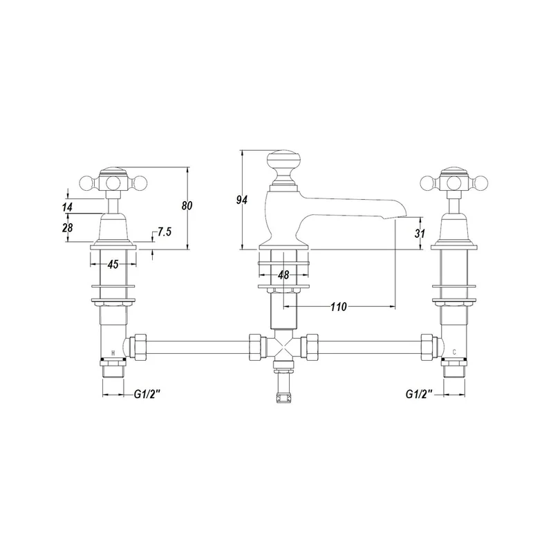 Hudson Reed Topaz 3 Tap Hole Basin Mixer Trad Chrome Brass 94x246x140mm - BC307DX