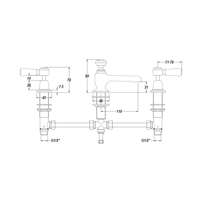 Hudson Reed Topaz 3 Tap Hole Basin Mixer Trad Chrome Brass 94x246x140mm - BC307DL