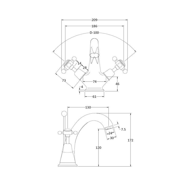 Hudson Reed Topaz Mono Basin Mixer Trad Chrome Brass 176x214x185mm - BC305DX