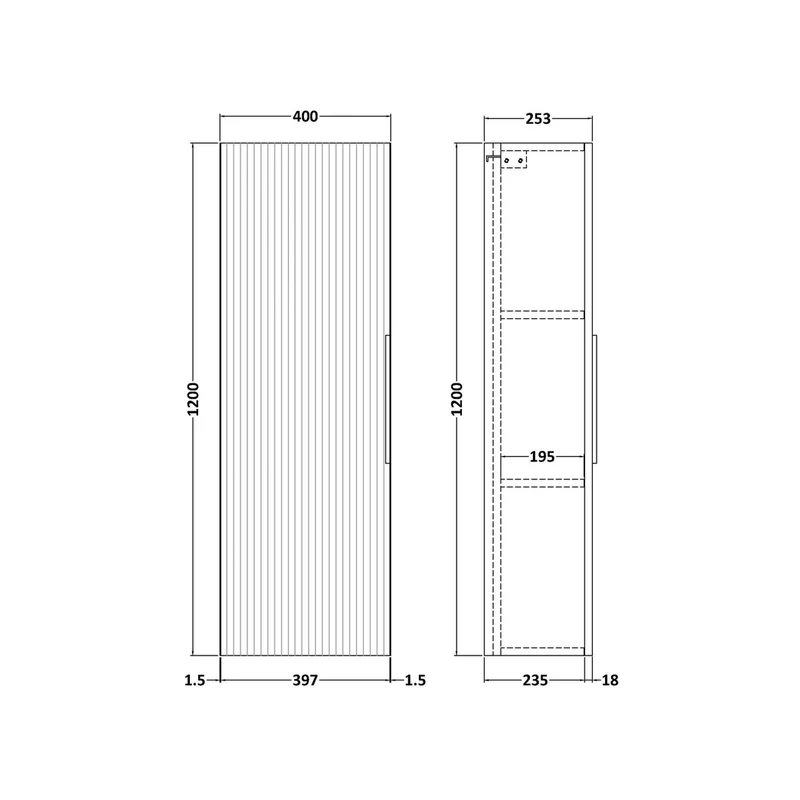 Hudson Reed Fluted 400mm Tall Unit Contemp Satin White MFC Painted Gloss 1200x400x253mm