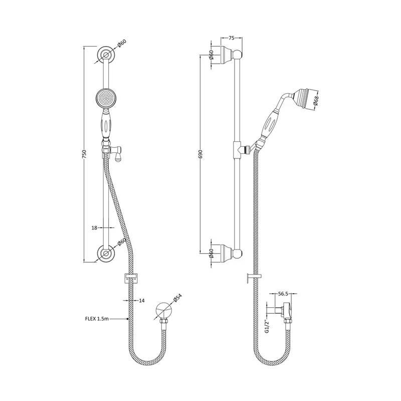 Hudson Reed Shower Slide Rail Kits Slider Rail Kit Trad Chrome Brass Abs 750x70x150mm - A3211