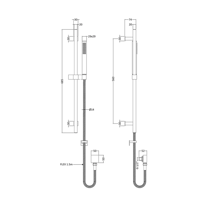 Hudson Reed Shower Slide Rail Kits Kubix Slide Rail Kit Contemp Chrome Brass 685x118x74mm
