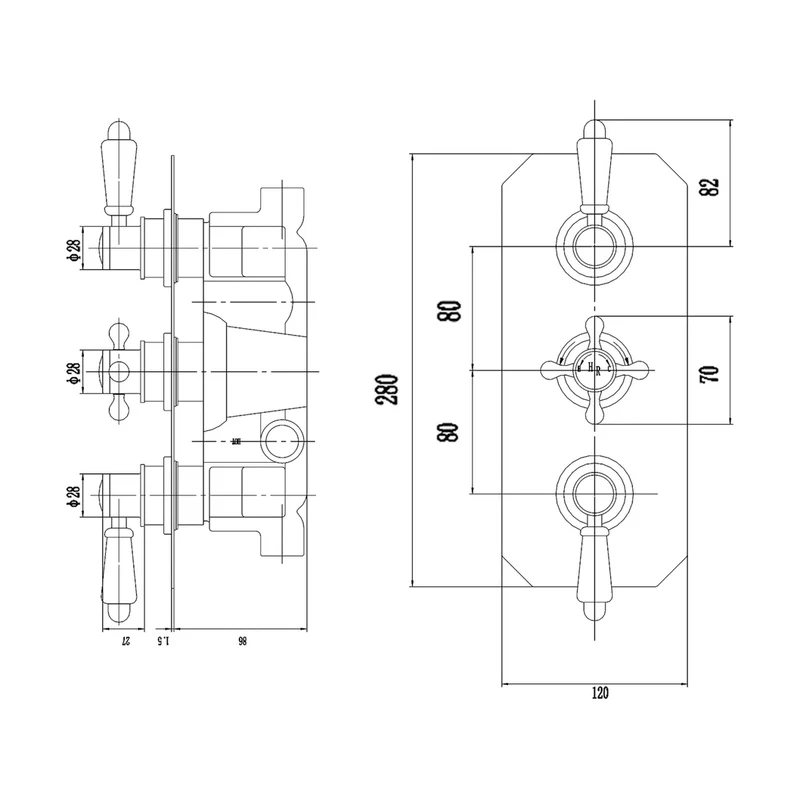 Hudson Reed Topaz Triple Thermostatic Shower Valve Trad Chrome Brass Abs 320x120x135mm