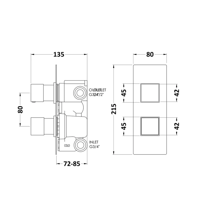 Hudson Reed 2 Outlet Valves Twin Valve With Diverter Contemp Chrome Brass Abs 215x80x136mm - SQRTW02