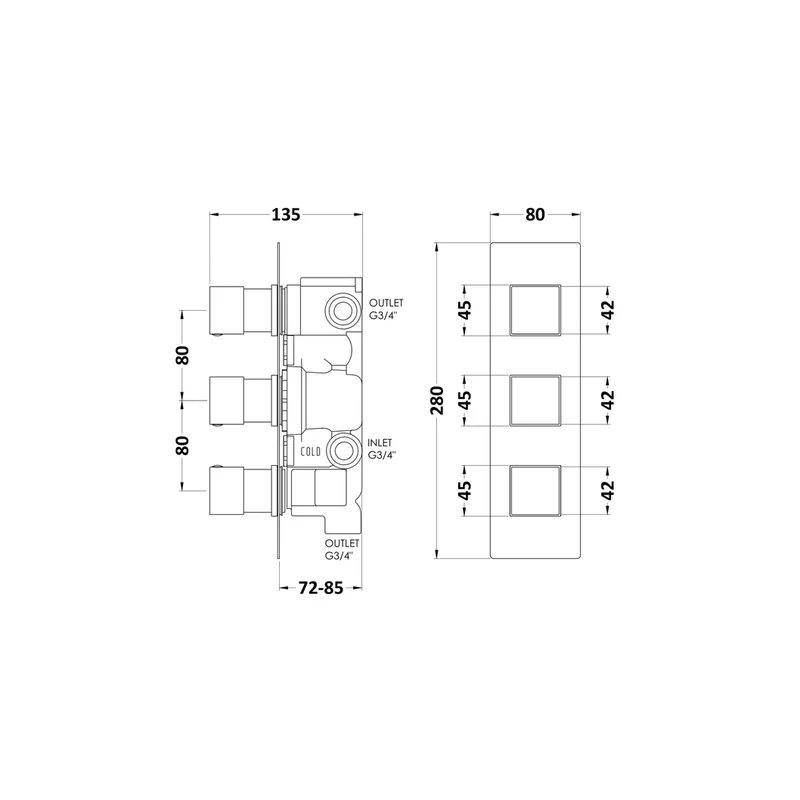 Hudson Reed 3 Outlet Valves Triple Valve With Diverter Contemp Chrome Brass Abs 280x95x136mm - SQRTR03