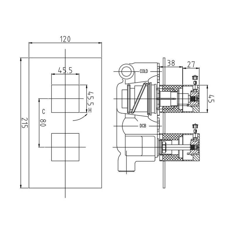 Hudson Reed 1 Outlet Valves Twin Thermostatic Shower Valve Contemp Chrome Brass Abs 215x120x135mm - SQR3210