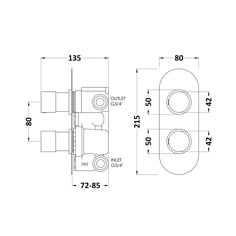 Hudson Reed 2 Outlet Valves Twin Valve With Diverter Contemp Chrome Brass Abs 215x80x136mm - RNDTW02