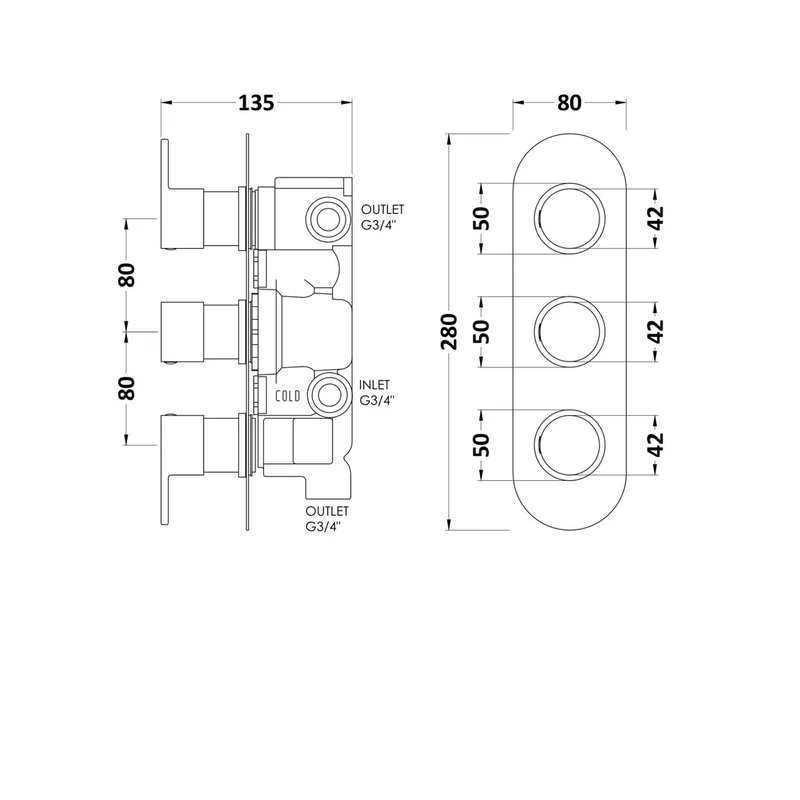 Hudson Reed 3 Outlet Valves Triple Valve With Diverter Contemp Chrome Brass Abs 280x95x136mm - RNDTR03