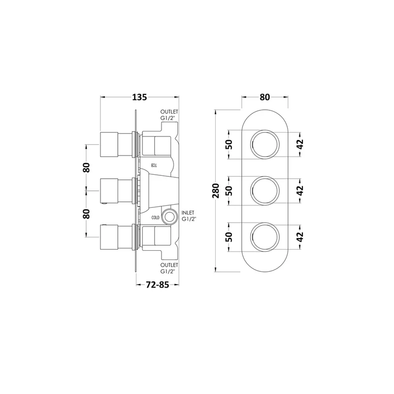 Hudson Reed 2 Outlet Valves Triple Valve Contemp Chrome Brass Abs 280x80x136mm - RNDTR02