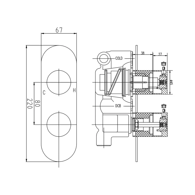 Hudson Reed 1 Outlet Valves Twin Thermostatic Shower Valve Contemp Chrome Brass Abs 215x120x135mm - RND3210