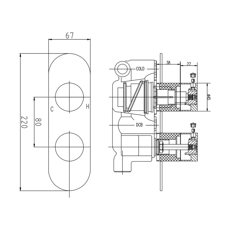Hudson Reed 2 Outlet Valves Twin Thermostatic Shower Valve With Diverter Contemp Chrome Brass Abs 220x67x135mm
