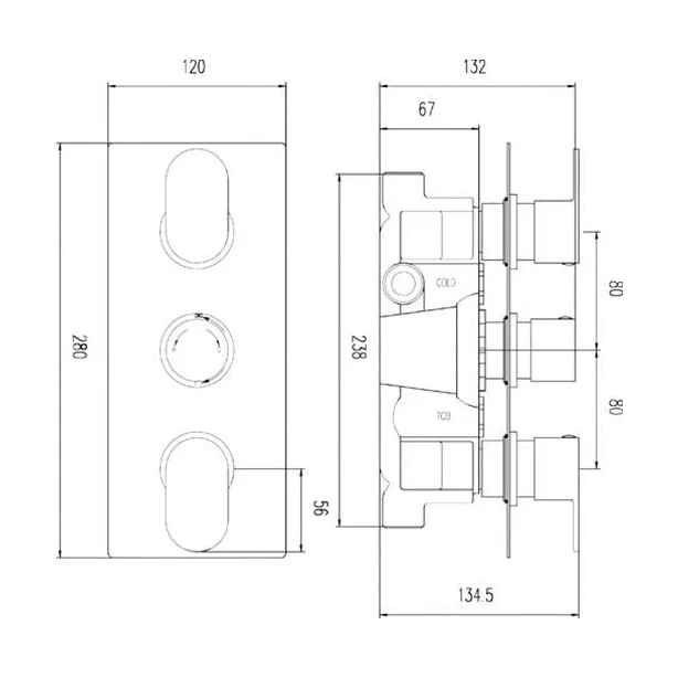 Hudson Reed 3 Outlet Valves Triple Thermostatic Shower Valve With Diverter Contemp Chrome Brass Abs 280x120x135mm