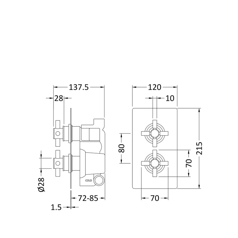 Hudson Reed Tec Crosshead Twin Thermostatic Shower Valve With Diverter Contemp Matt Black Brass Abs 215x120x138mm