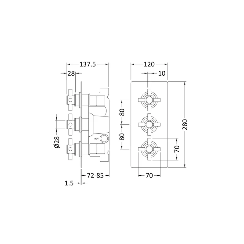 Hudson Reed Tec Crosshead Triple Thermostatic Shower Valve With Diverter Contemp Chrome Brass Abs 280x120x136mm
