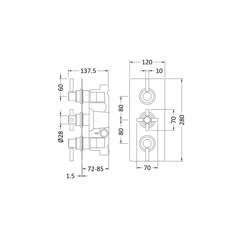 Hudson Reed Tec Pura Triple Thermostatic Shower Valve Contemp Chrome Brass Abs 280x80x136mm