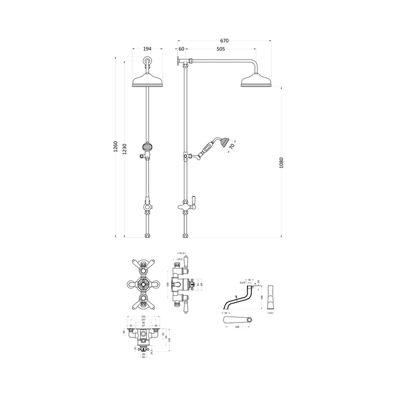 Hudson Reed Topaz Triple Exposed Shower Valve & Spout Trad Chrome Brass 1440x195x667mm