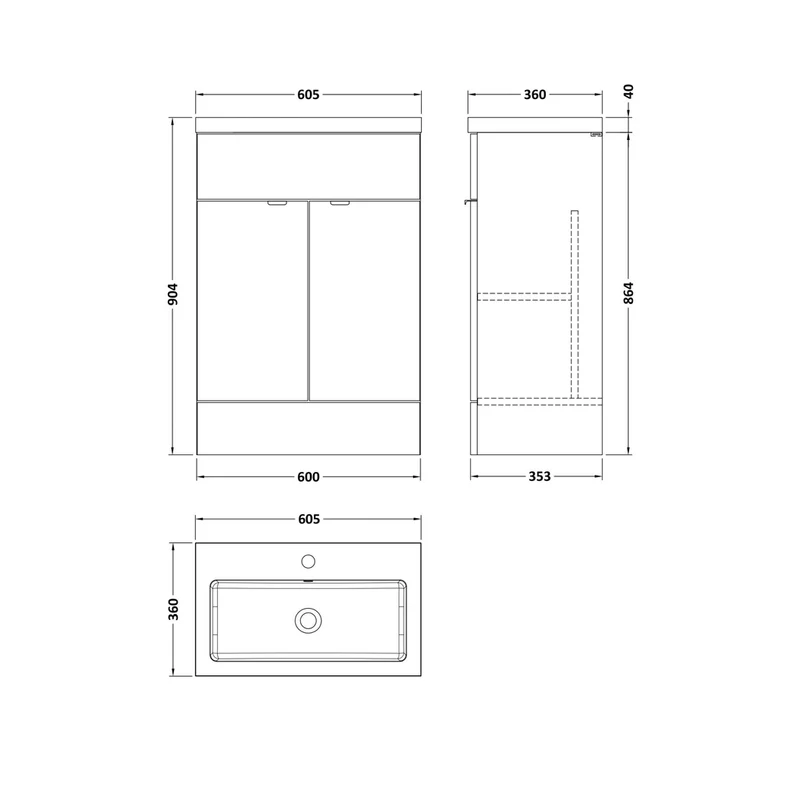 Hudson Reed Fusion 600mm Vanity Unit & Basin Contemp Gloss White MFC Painted Gloss 904x605x360mm