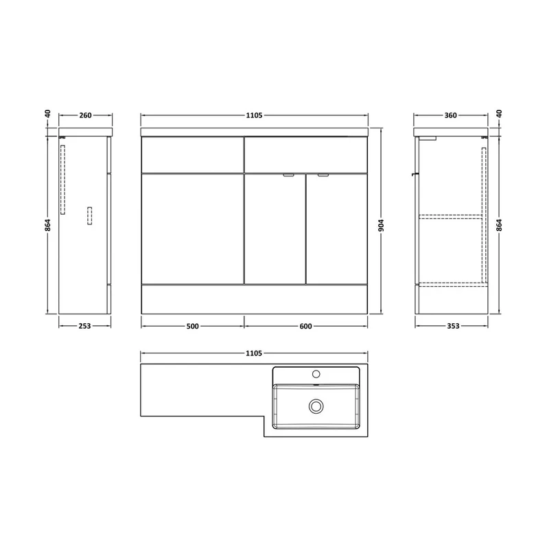 Hudson Reed Fusion 1100mm Right Combination Contemp Gloss White MFC Painted Gloss 904x1105x360mm