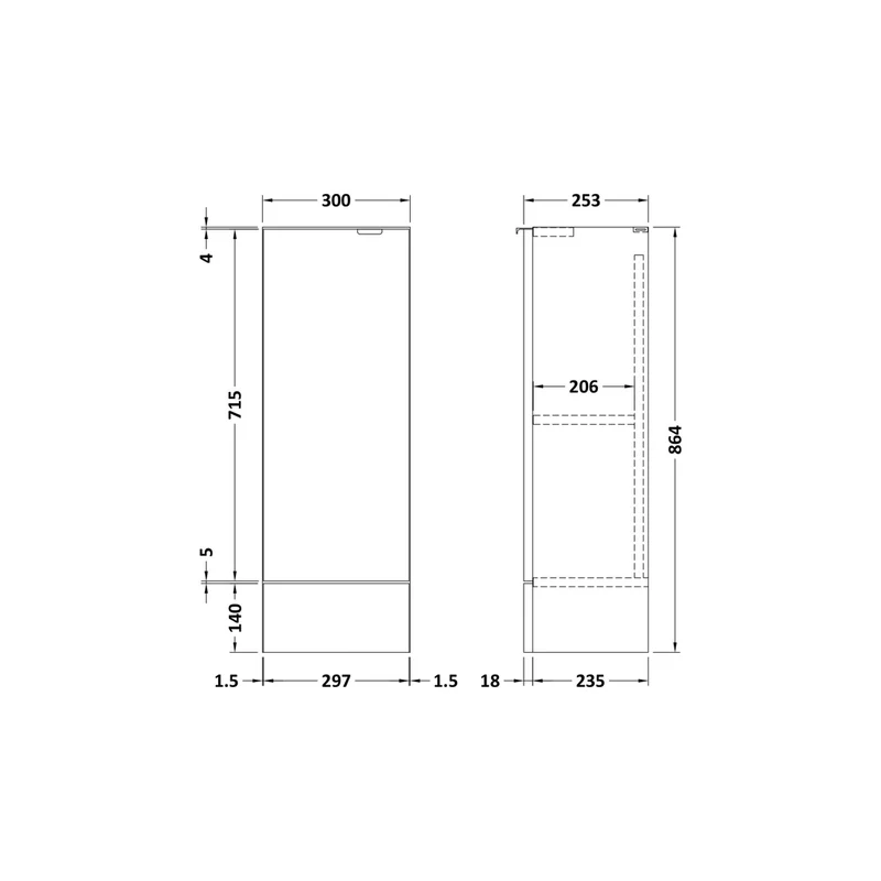 Hudson Reed Fusion 300mm Base Unit - Compact Contemp Gloss Grey MFC Painted Gloss 864x300x255mm