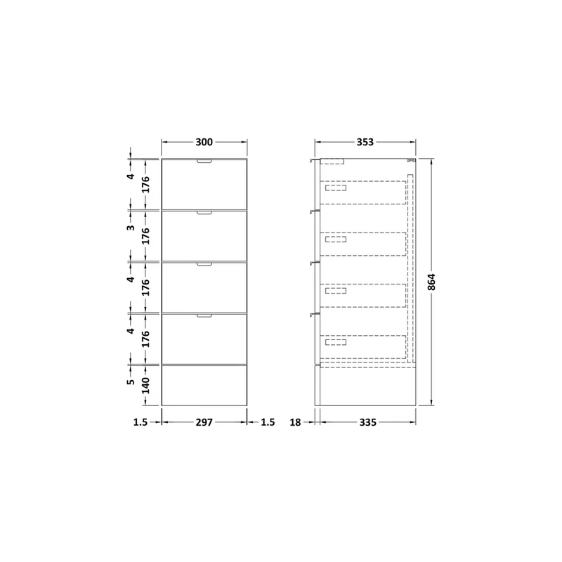 Hudson Reed Fusion 300mm Drawer Unit Contemp Charcoal Black MFC Textured Woodgrain 864x300x355mm