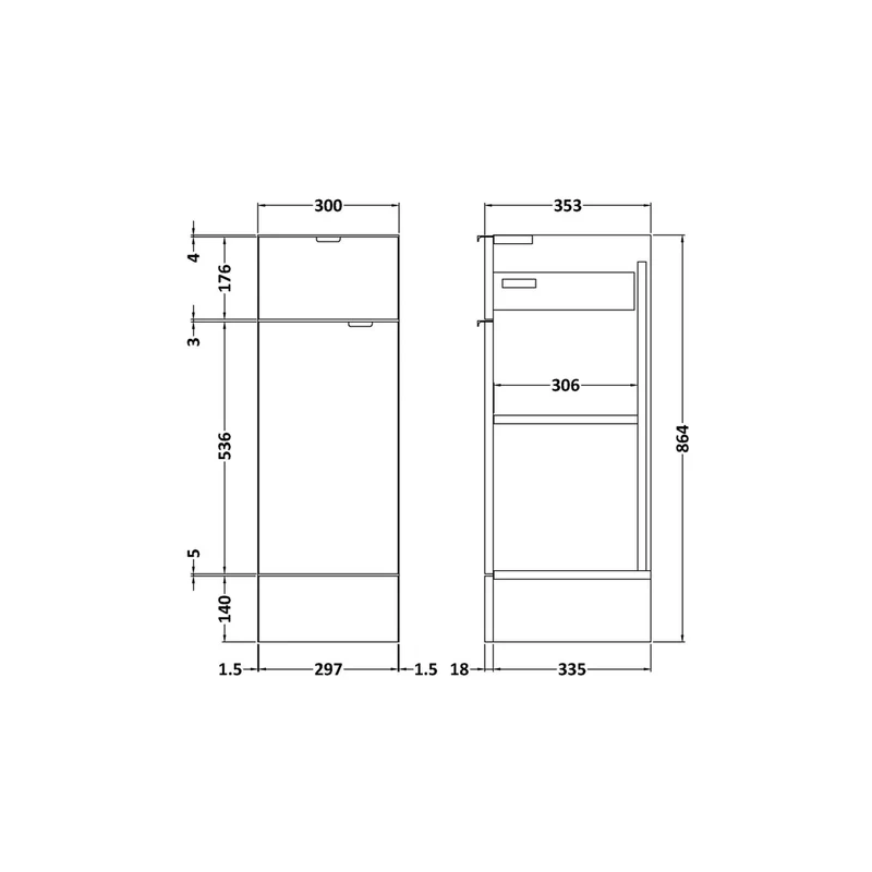Hudson Reed Fusion 300mm Drawer Lined Unit Contemp Graphite Grey Woodgrain MFC Textured Woodgrain 864x300x355mm