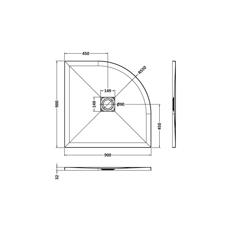 Hudson Reed Slim Quadrant Trays Quad Shower Tray 900 X 900mm Contemp Black Slate Acrylic Capped Abs Caco3 And Pu