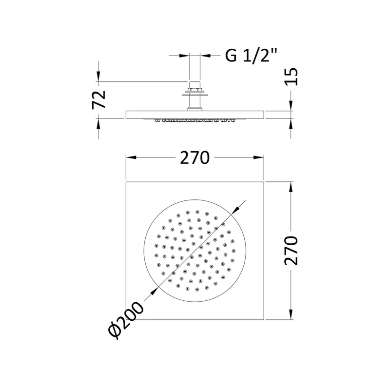 Hudson Reed Fixed Heads Ceiling Tile Fixed Head Contemp Chrome Stainless Steel 72x270x270mm