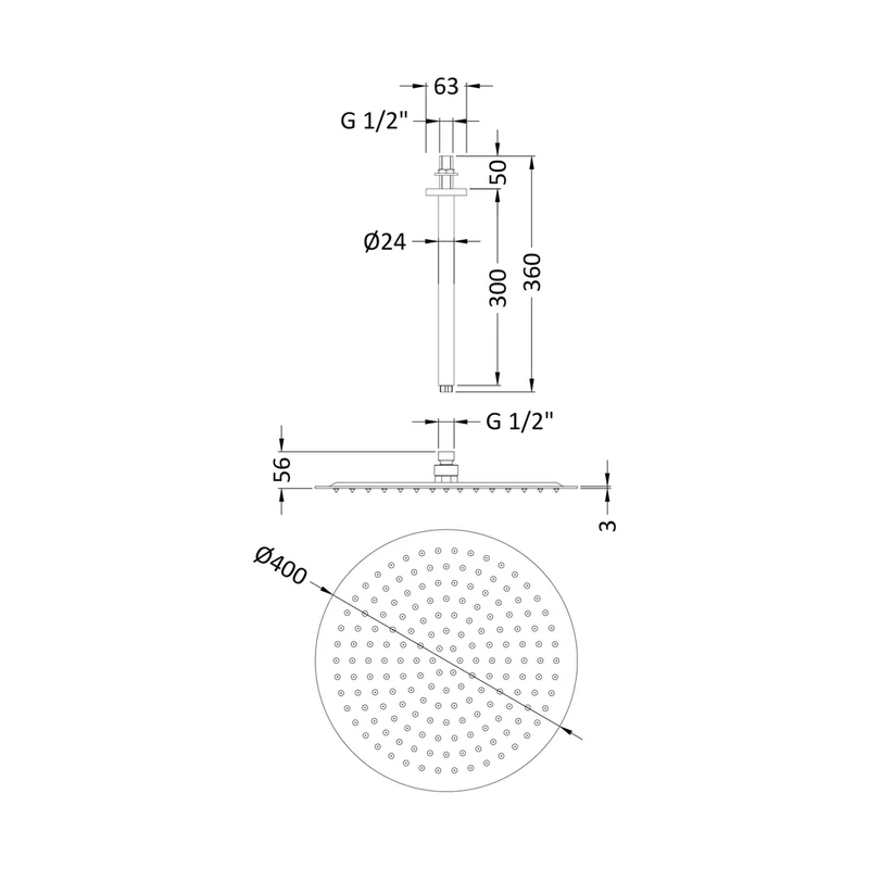 Hudson Reed Fixed Heads Ceiling Mounted Head & Arm Contemp Chrome Stainless Steel 356x400x400mm
