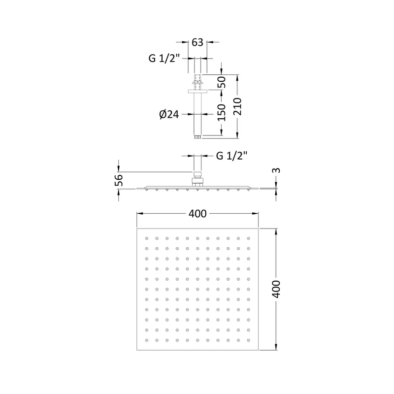 Hudson Reed Fixed Heads Ceiling Mounted Head & Arm Contemp Chrome Stainless Steel 266x400x400mm