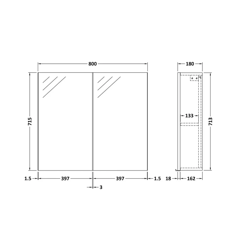 Hudson Reed Fusion 800mm Mirror Unit (50/50) Contemp Gloss Grey MFC Painted Gloss 715x800x180mm