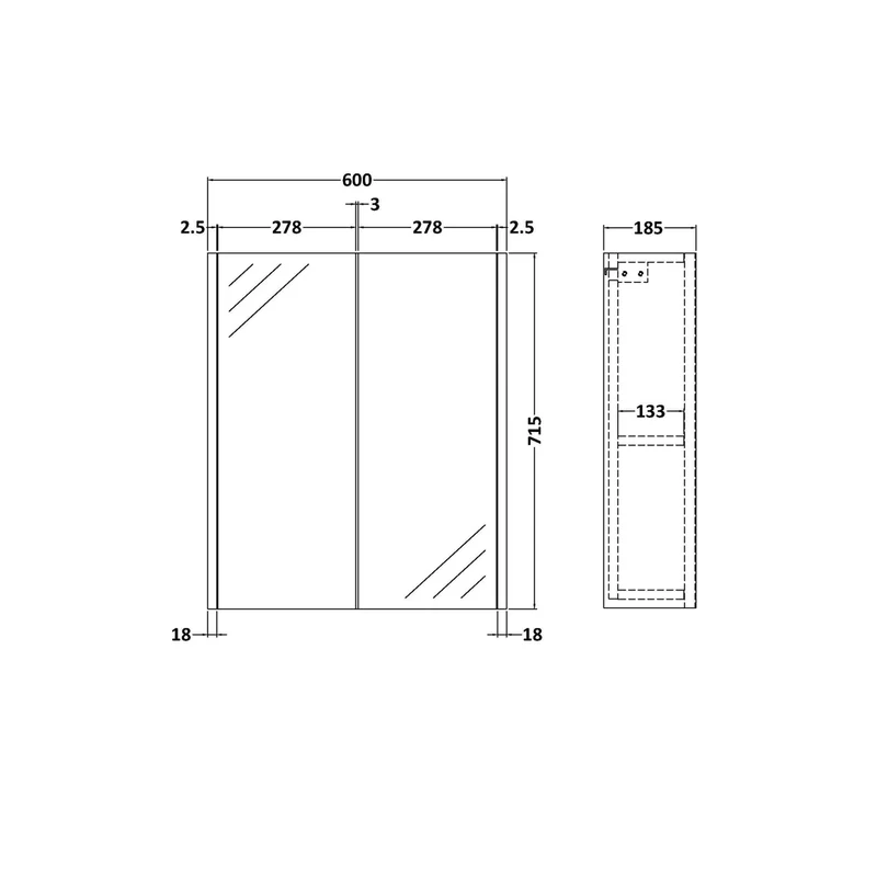 Hudson Reed Juno 600mm Mirror Unit (50/50) Contemp Coastal Grey MFC Smooth Matt 715x600x185mm