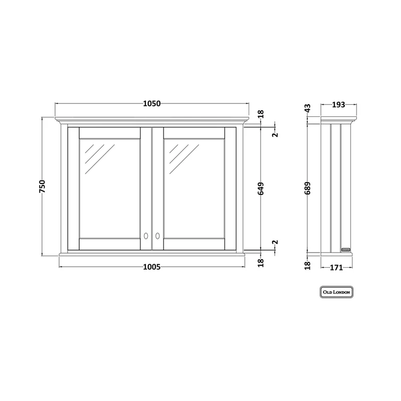 Hudson Reed Old London 1050mm Mirror Cabinet Trad Storm Grey MDF Vinyl Textured Woodgrain 752x1050x193mm