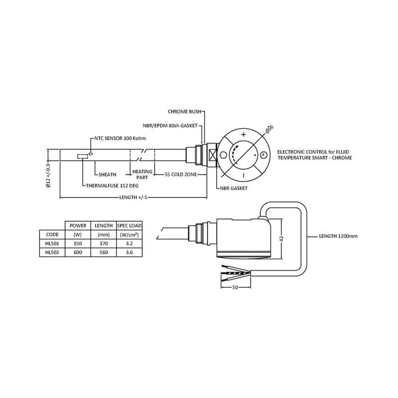 Hudson Reed Heating Extras Thermostatic Heating Element Contemp Chrome Stainless Steel 45x56x435mm - HL502